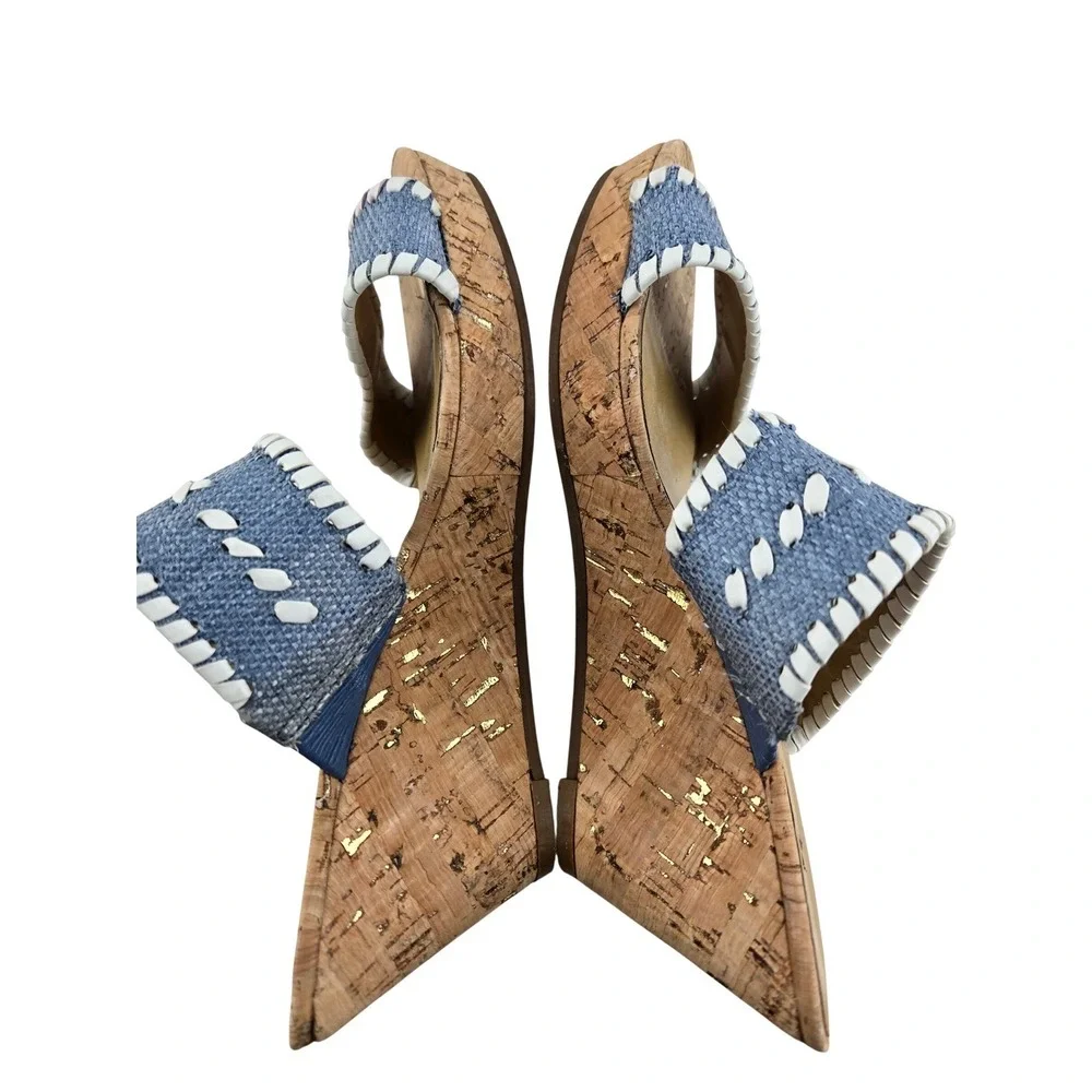 Jack Rogers Blue‎ Denim Whipstitch Cork Wedge Sandals Womens 7 M Floral Slides